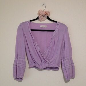 LUCKY BRAND Lilac Purple Long Puff Sleeve Crop Top with Eyelet Detailing